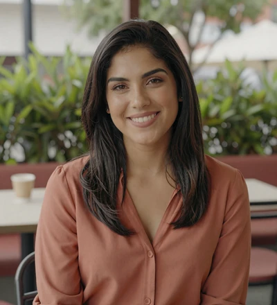 Latina woman smiling at an outdoor cafe, a member seeking aviation singles on the pilot dating site