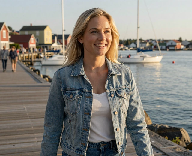 Blonde woman on a weekend travel scene near a coastal town, illustrating offline ways to meet military singles
