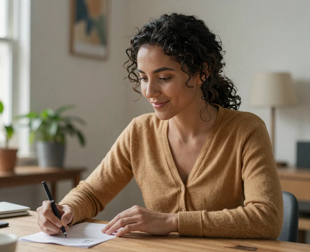 Mixed-ethnicity woman writing a heartfelt letter at a home desk, part of staying close in a long distance military relationship