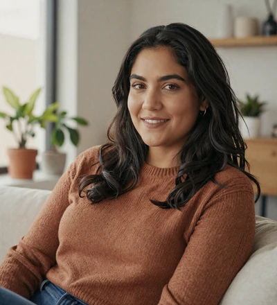 Latina woman smiling in a modern apartment, a member of the men in uniform dating site