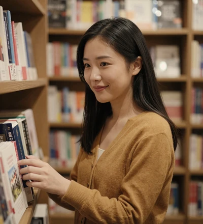Asian woman smiling at a bookstore, a member of the uniform dating community