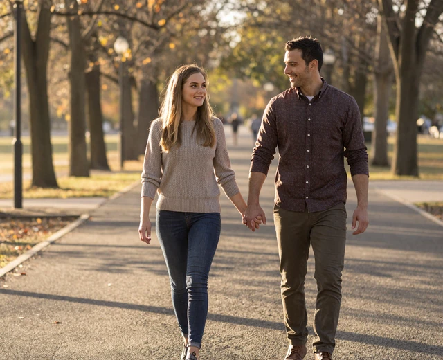 Happy couple in their early thirties walking together in a park, illustrating long-term military dating tips