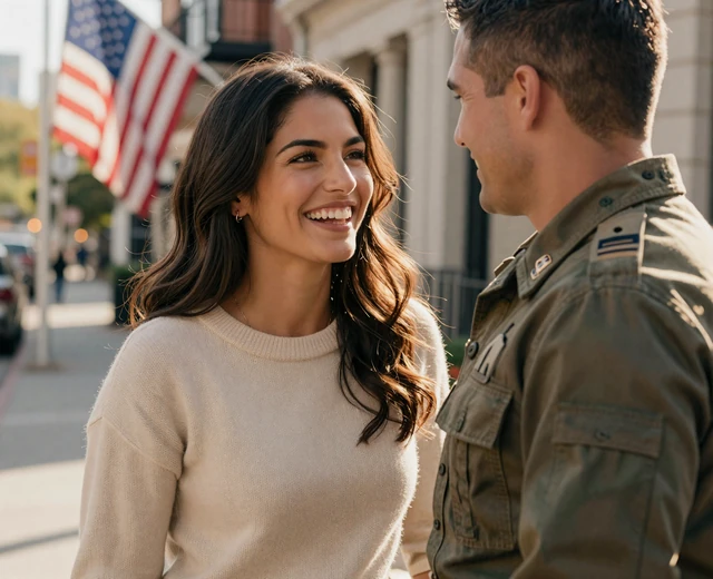 Woman smiling warmly beside a man in uniform, showing why military men attract women on a military dating site