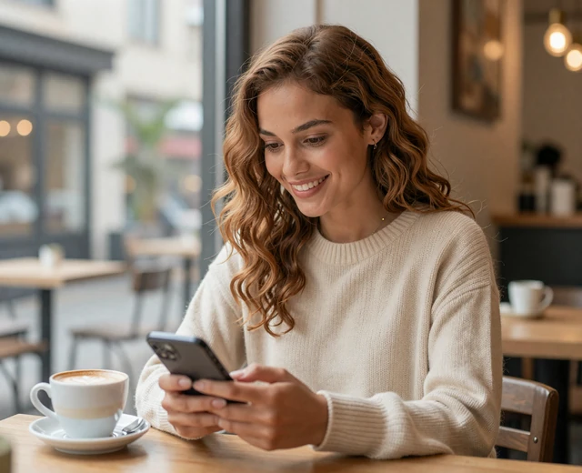 Mixed-ethnicity woman smiling while browsing a military dating site on her phone in a coffee shop