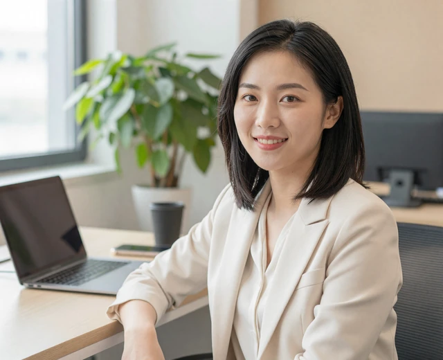 Asian woman smiling in a casual office, illustrating how women view military men on a military dating site