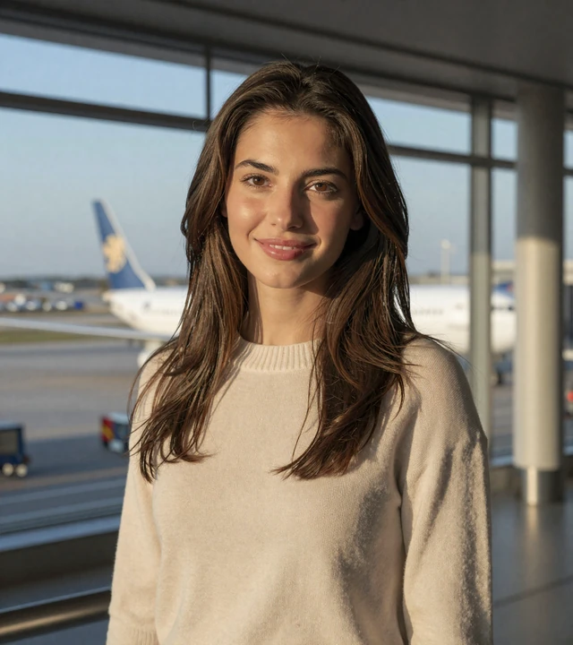 Brunette woman smiling near an airport terminal window, a member of the military pilot dating site