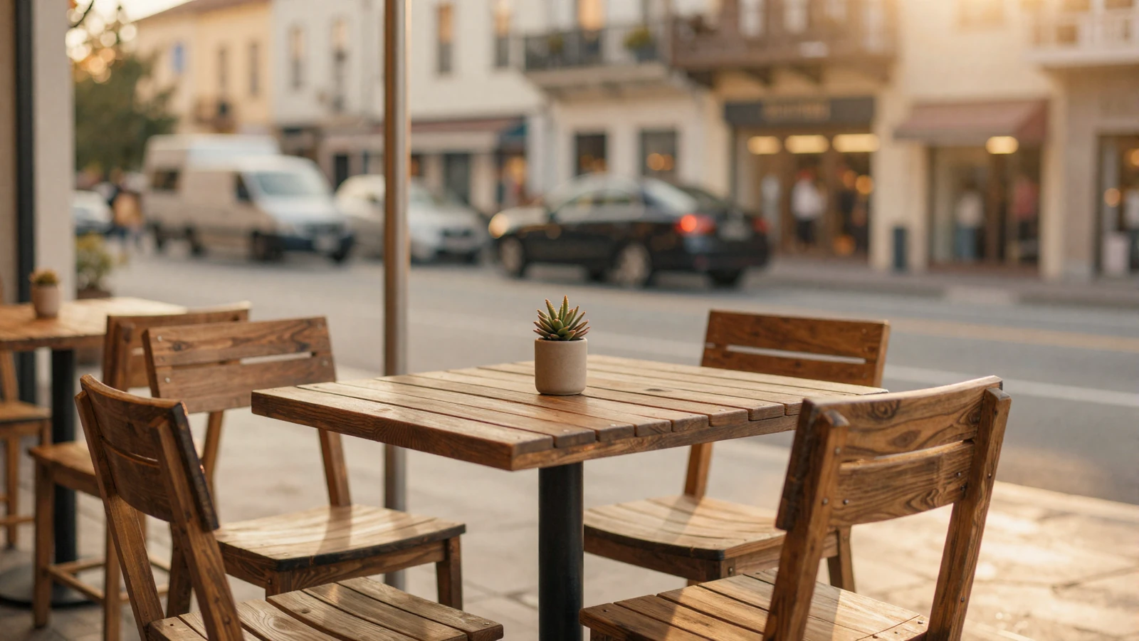 Warm outdoor café terrace at golden hour representing the welcoming MilitaryDating support experience