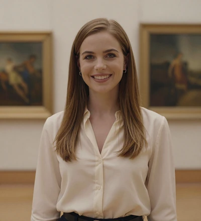 Brunette woman at a museum, a member of the veteran dating community