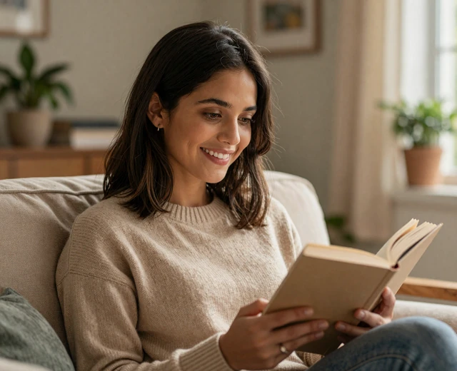 Latina woman reading at home, reflecting patience and independence when dating an active duty officer