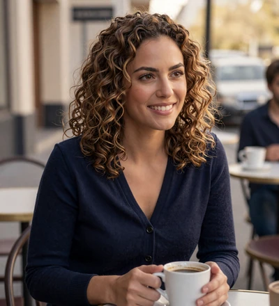 Verified mixed-ethnicity woman at a café, a genuine military singles dating profile