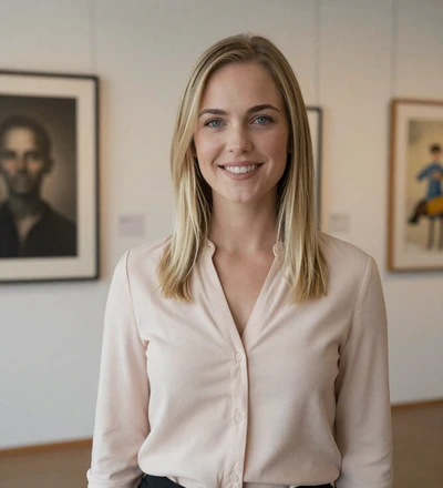 Blonde woman smiling in an art gallery, a member of the uniform dating site