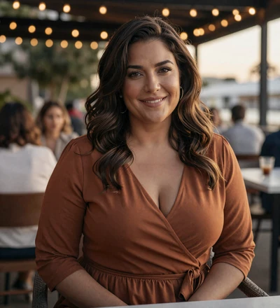 Latina woman on a restaurant terrace, a retired military singles match