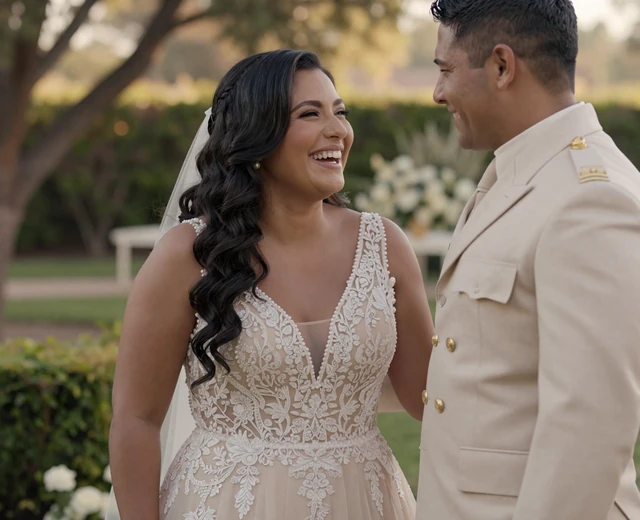 Bride laughing with her military husband at an outdoor wedding, a military love story