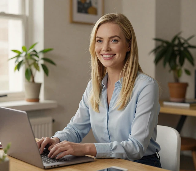 Blonde woman smiling in a casual office, representing army officer dating on the platform
