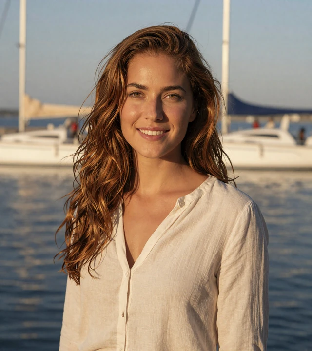 Mixed-ethnicity woman smiling at a marina waterfront, a member of the navy dating site community