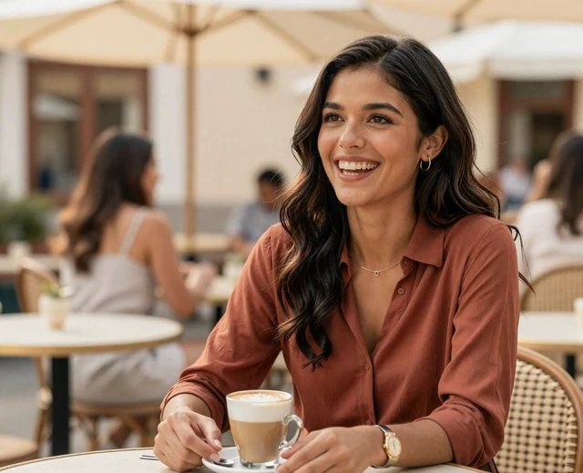 Latina woman laughing at an outdoor café, a member of the military singles dating community