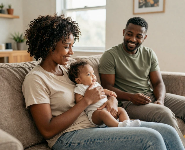 Woman holding her baby at home beside her military husband, a military dating family story