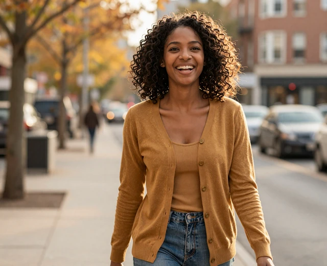 Black woman laughing on a city walk, representing relationship-focused military dating over mass-market swiping