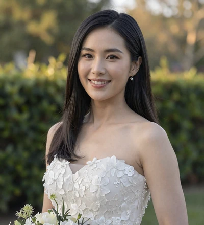 Asian bride smiling on her wedding day, a member who found love on the military dating site