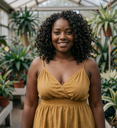 Black woman in a botanical garden, a member of the free military dating community