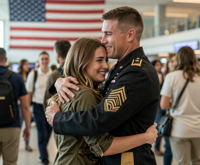 Couple embracing at an airport homecoming, a military dating success story reunion