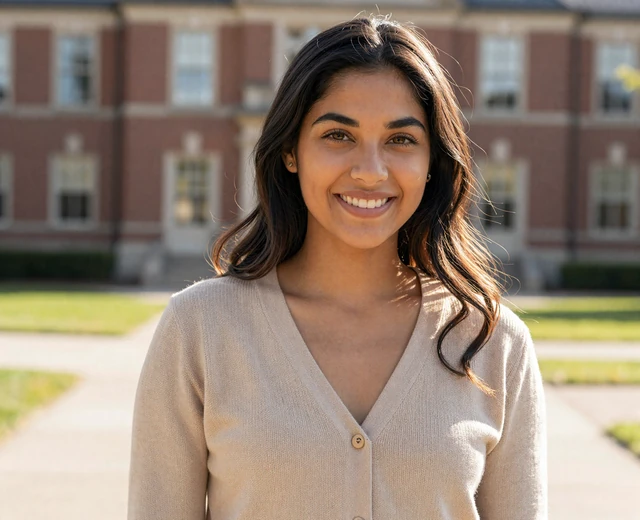 Latina woman smiling on a university campus, illustrating where to meet military singles online