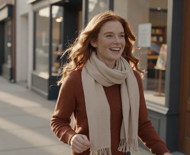 Redheaded woman laughing on a city walk, reflecting positive modern perceptions in military women dating