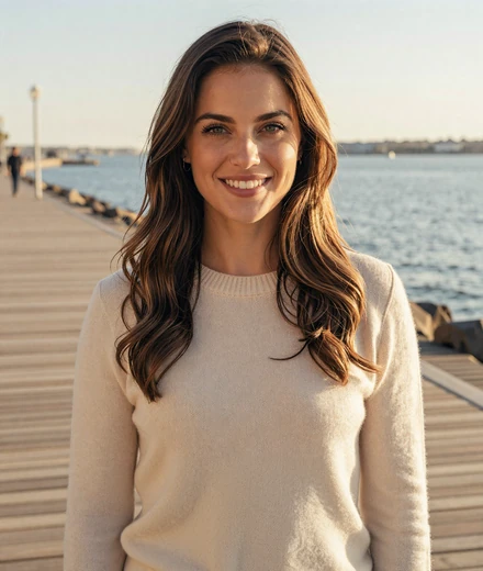 Woman smiling on a waterfront boardwalk representing verified members on a military dating site