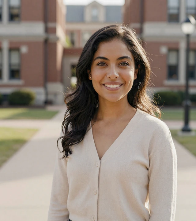 Latina woman smiling on a university campus, a member of the army dating site community