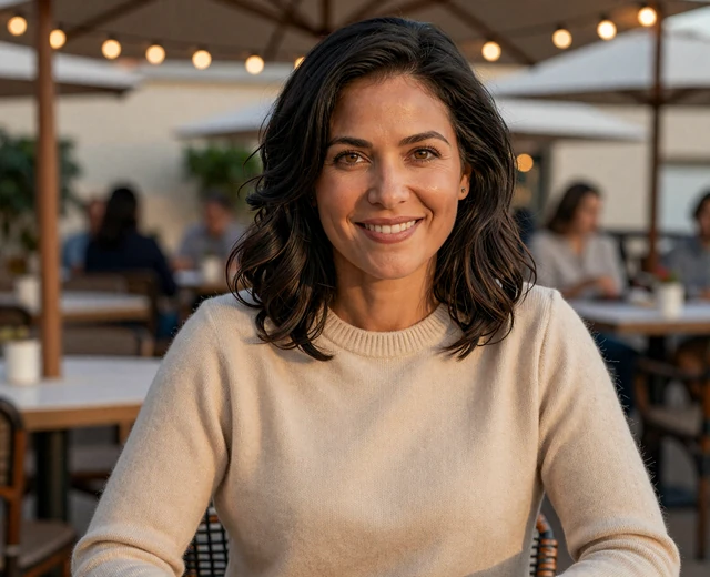 Mixed-ethnicity woman smiling on a restaurant terrace at golden hour, illustrating veteran dating after military retirement