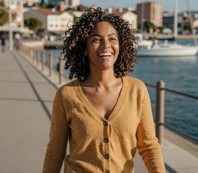 Black woman laughing on a coastal city walk, representing naval officer dating on the platform