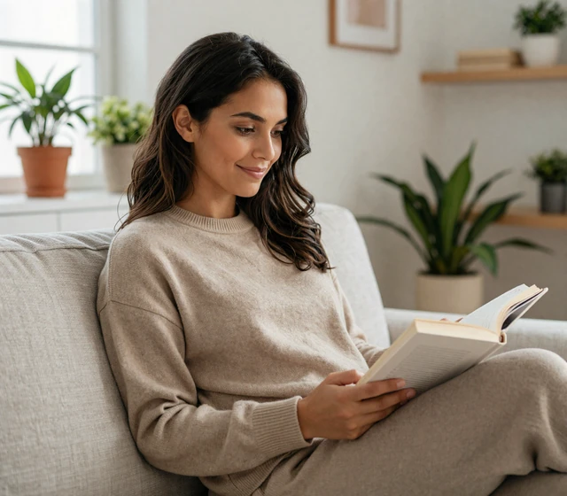 Woman reading on a home sofa, representing the relationship-focused veteran dating community
