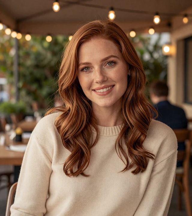 Redhead woman smiling on a restaurant terrace, a member of the uniform dating site community