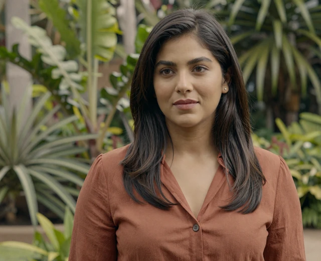 Latina woman thoughtful in a botanical garden, reflecting patience in military dating during service