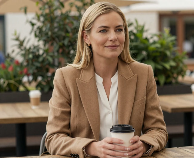 Blonde woman thoughtful at an outdoor café reflecting on how women view military men and military dating