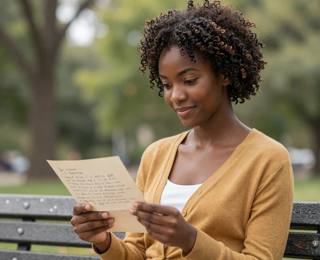Black woman reading a letter on a park bench, showing how military pen pals stay connected with soldiers