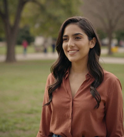 Verified Latina member smiling in a park on a safe military dating site