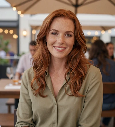 Redhead woman at a restaurant terrace, a member interested in dating military officers