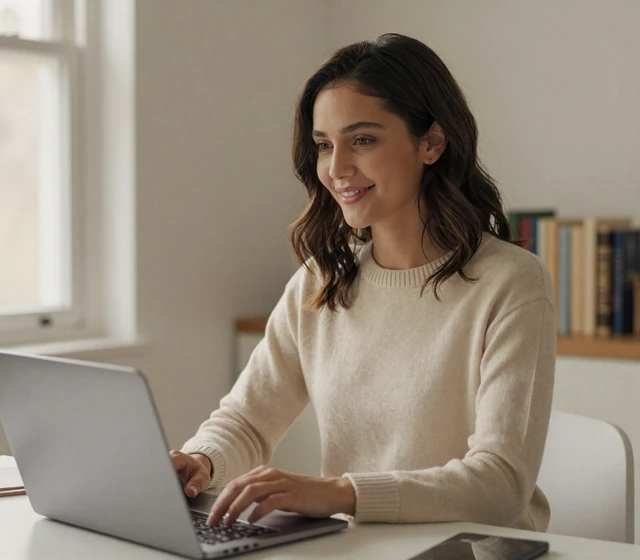 Woman confidently using a laptop at home while staying safe on a military dating site
