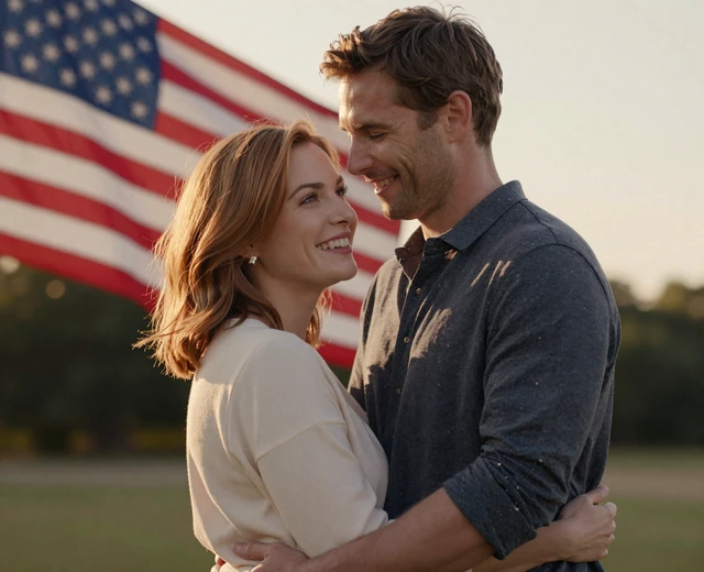 Happy couple embracing outdoors with a softly blurred flag, part of the military dating community