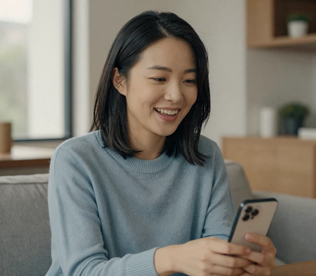 Asian woman laughing during a video call at home, representing aviation singles dating on the platform