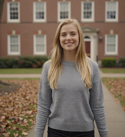 Blonde woman smiling on a university campus, a member interested in pilot singles dating