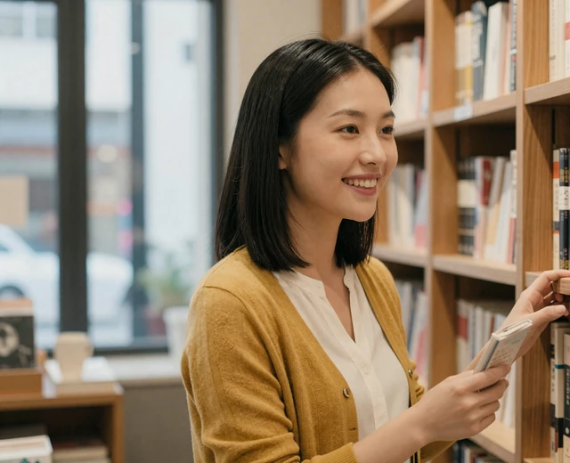 Asian woman laughing in a bookstore, reflecting serious military online dating members who stay committed