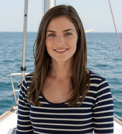 Brunette woman smiling on a sailboat deck, a member seeking sailors on the navy dating site