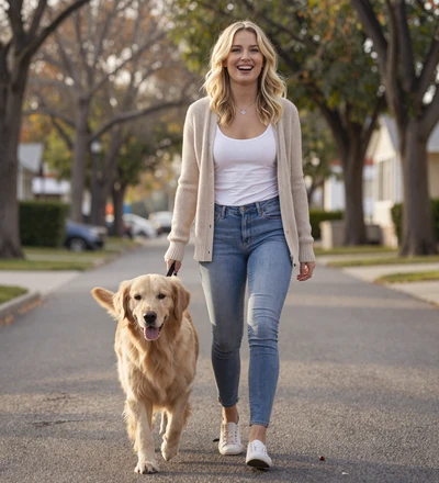 Blonde woman walking a dog, a member interested in military veteran dating