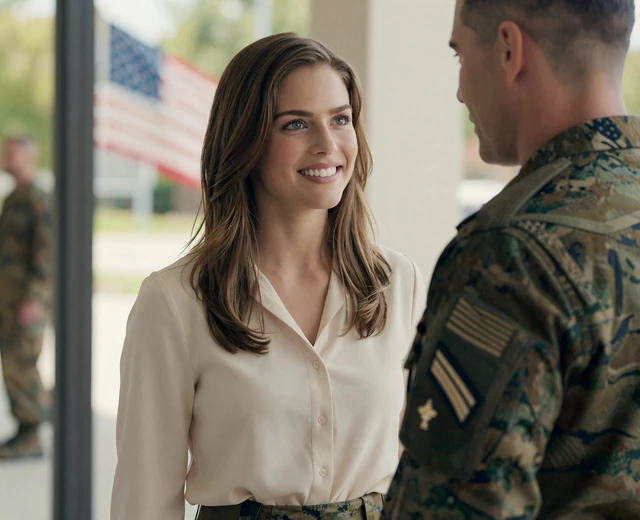 Brunette woman smiling beside a man in dress uniform at a base entrance, illustrating dating an active duty officer