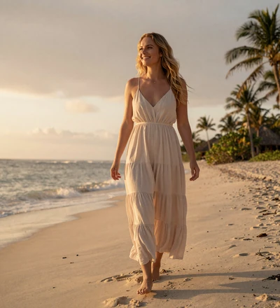 Blonde woman on a honeymoon beach, a member who found lasting love through military dating