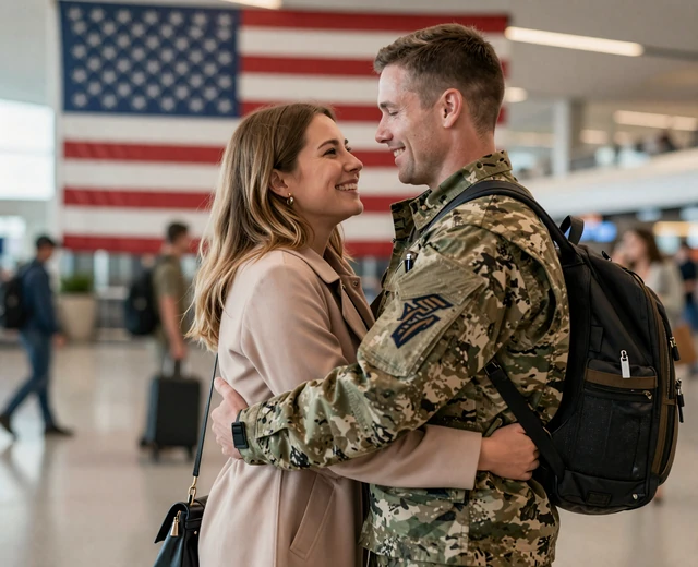 Couple embracing at an airport homecoming, a military dating success story reunion