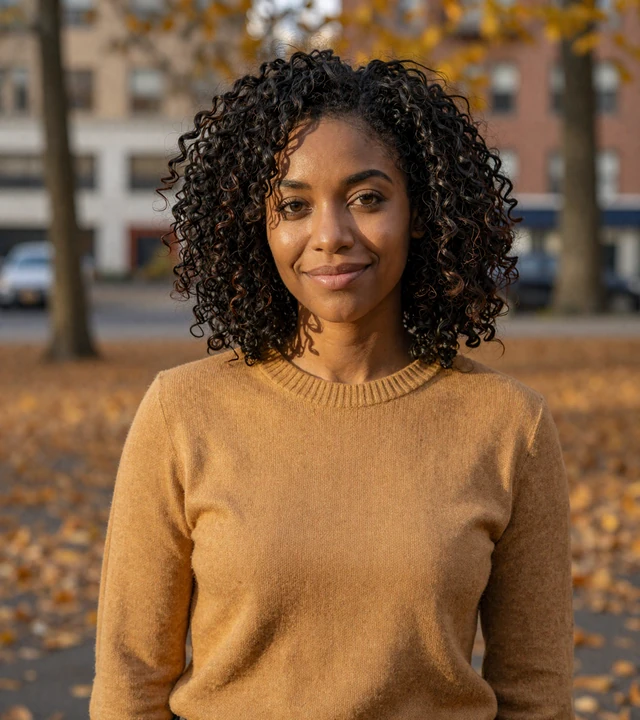Black woman smiling in an autumn park, a member seeking veteran dating connections