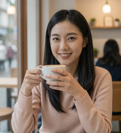 Asian woman smiling in a coffee shop, a member seeking soldiers on the army dating site